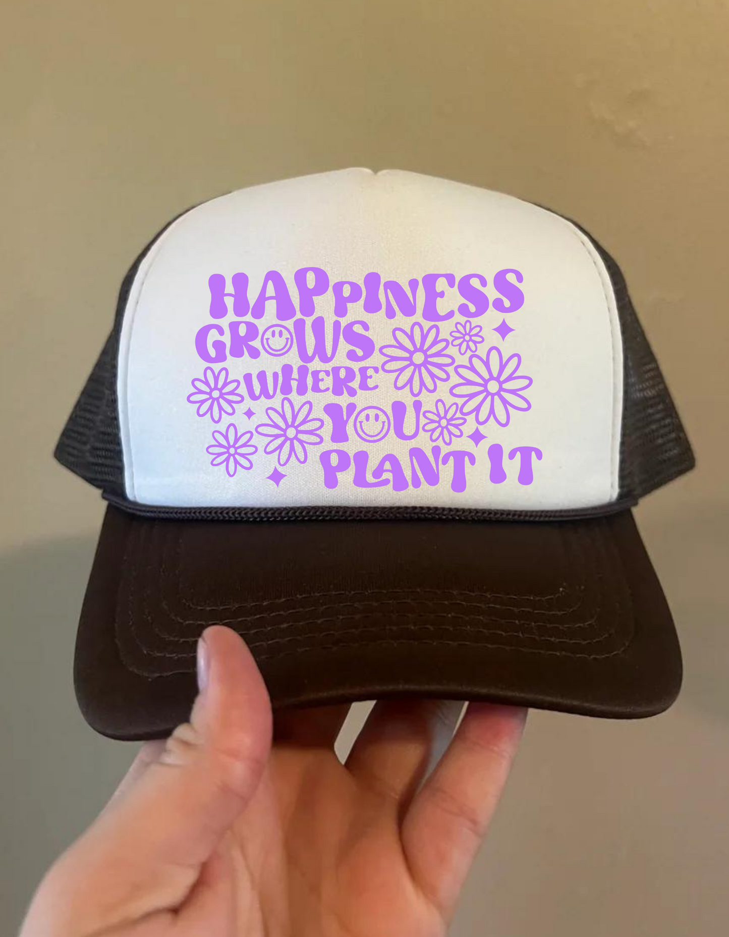 Happiness Grows Where You Plant It Brown and White Hat