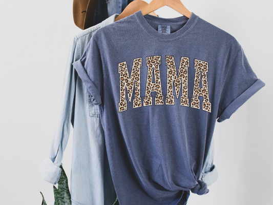 Leopard Print Mama on Comfort Colors denim